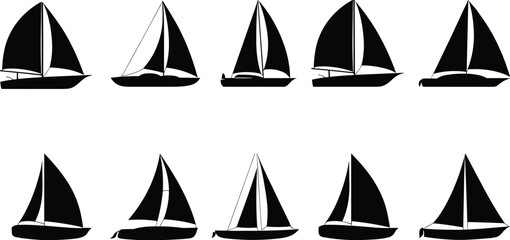 Sailboat silhouettes, nautical vessels, sailing ships, maritime design, ocean travel, yacht outlines, sea transport, marine art, black silhouette illustration, watercraft collection © MstGeasmin