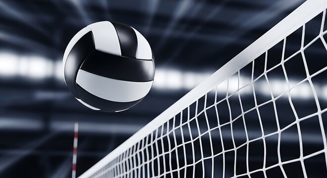Volleyball near net in motion black and white