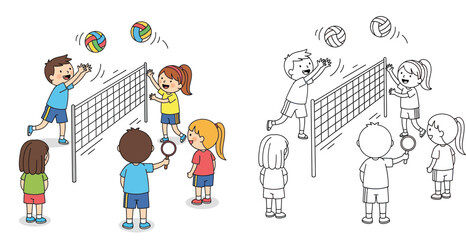 Fototapeta premium Kids Playing Volleyball and Badminton Sports Activity Illustration Set with Colored Version and Black and White Line Art Outline for Children's Coloring Book Page and Education