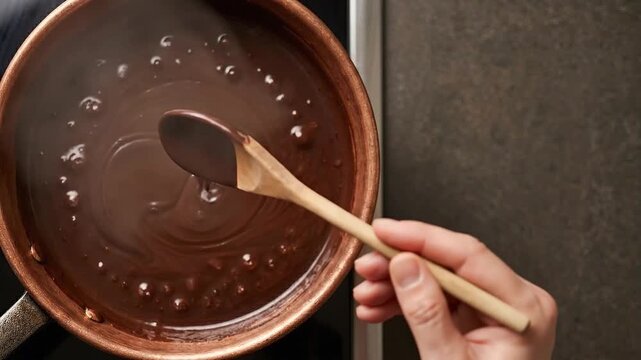 Melting chocolate in pan with wooden spoon creates smooth sweet food perfect for dessert baking recipes rich texture warm color creamy consistency enhancing flavor