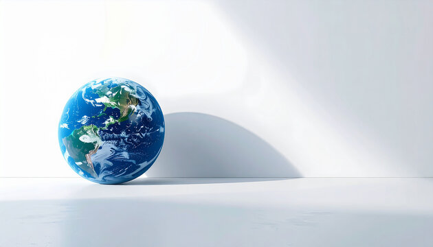 Earth planet in a bright white studio with soft shadows and ample copy space