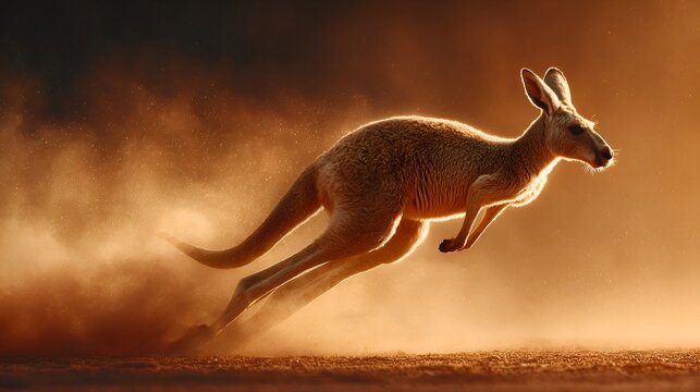 A kangaroo leaps through a dusty landscape, its powerful legs propelling it forward in a burst of golden light and motion across the outback.