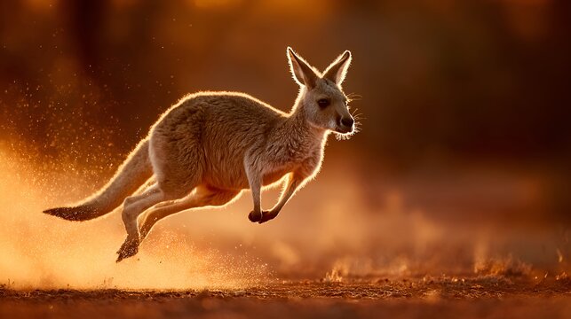 A stunning shot captures a kangaroo mid-leap across the arid Australian outback du a vibrant and golden sunset landscape scene.