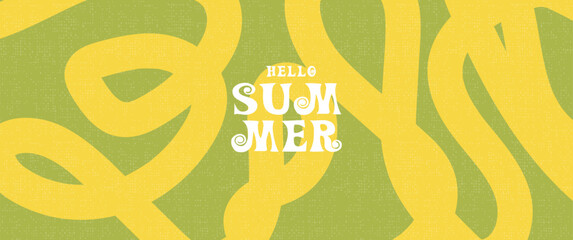 Obraz premium Bright Green Background with Yellow Abstract Ribbons and Summer Greeting Text