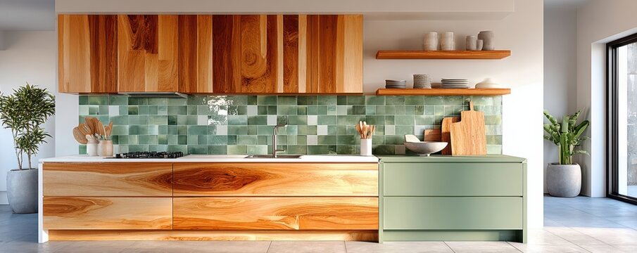 Modern kitchen with large wooden cabinets, green tile backsplash and minimalist shelving