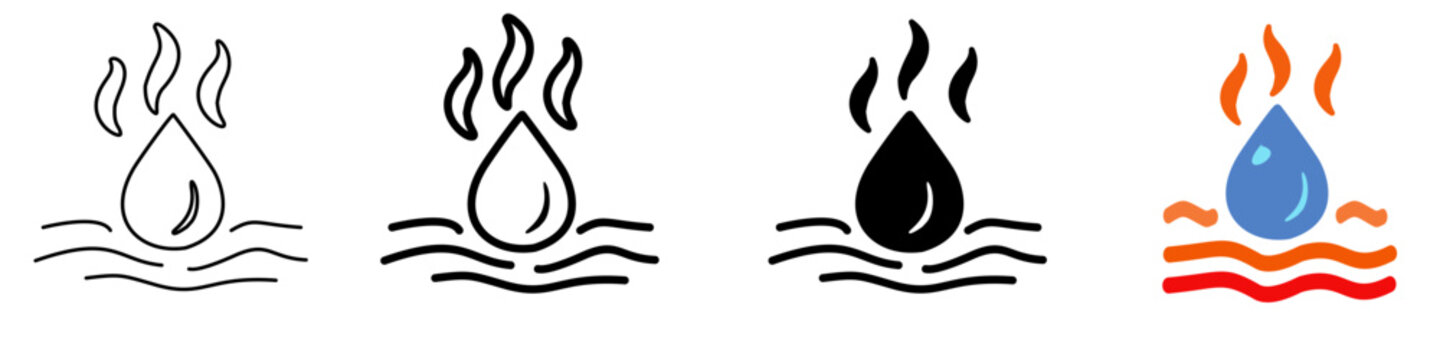 Hot Water Steam Icon Set , Heat Liquid, Boiling Symbol Outline, Filled, Editable Stroke Vector