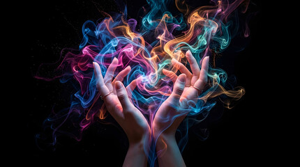 Fototapeta premium A pair of hands with colorful smoke swirling around them on a black background with vibrant blue.