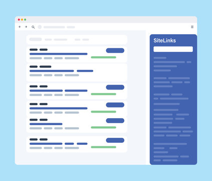 Search Engine Results Page with Sitelinks Sidebar, SEO Optimization and Website Ranking Interface Vector Illustration