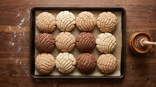 Freshly baked sweet mexican conchas arranged neatly on a metal baking sheet
