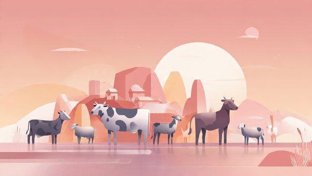 Pastoral Cow Herd in Serene Pink Mountain Landscape with Sunset