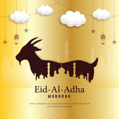 Eid al adha mubarak greeting card with goat silhouette mosque skyline background and golden sky festive design for religious festival. © ymnd