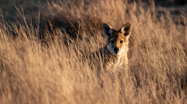 A wild dingo cautiously emerges from the golden tall grass field du a beautiful sunset in the australian outback wilderness landscape.