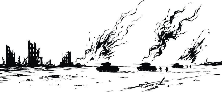 War scene illustration with destroyed buildings, tanks, and explosions, vector art depicting conflict and destruction.