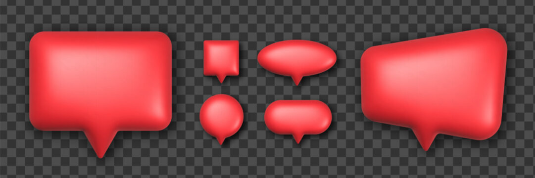 Speech bubble collection with glossy 3d effect. Red realistic chat dialogue box. Circle, oval, rounded square and rectangle talking cloud set
