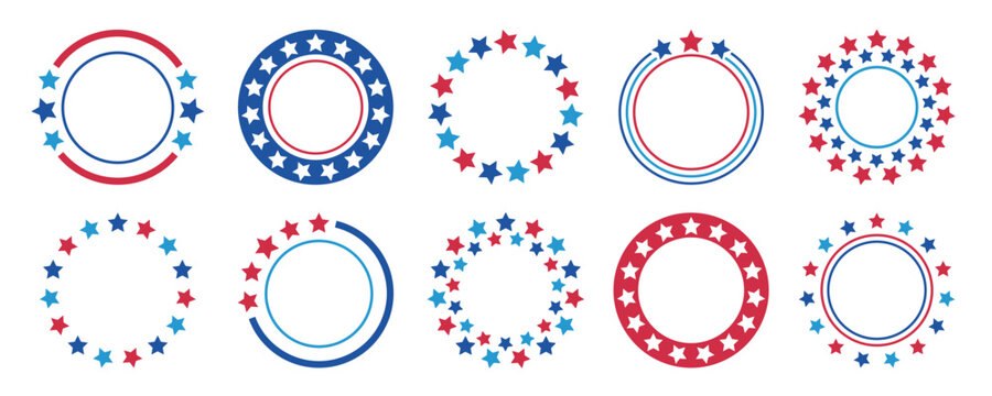 Round frame collection with red and blue stars and stripes for 4th of July. American Independence Day circle borders set