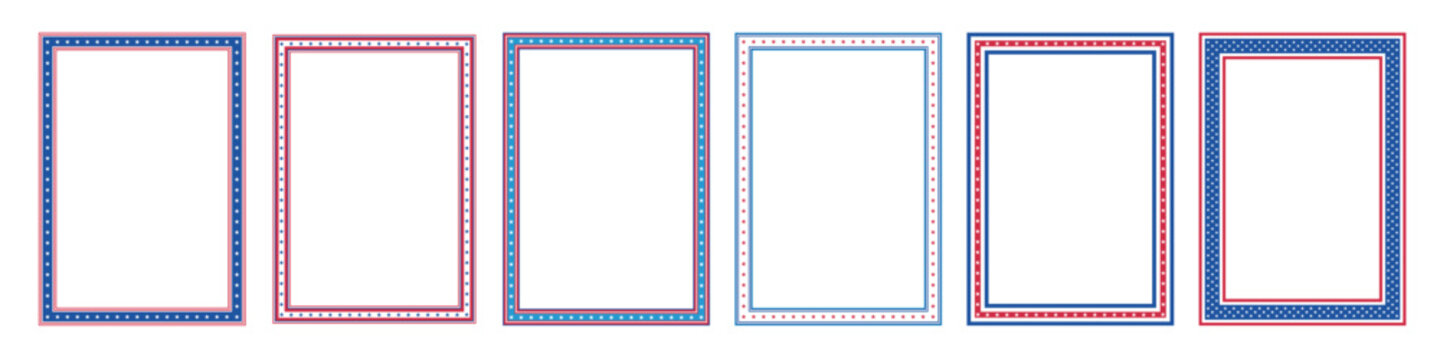 Patriotic USA rectangle frame set with red and blue stars and stripes for 4th of July. American Independence Day borders collection