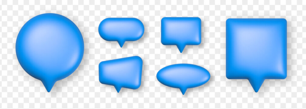 Speech bubble collection with glossy 3d effect. Blue realistic chat dialogue box. Circle, oval, rounded square and rectangle talking cloud set