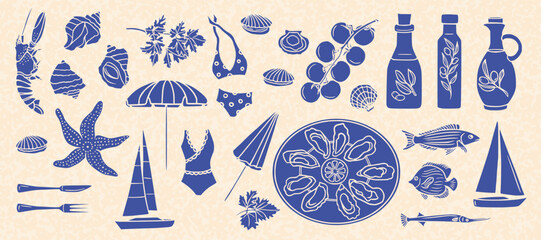 Fototapeta premium Mediterranean summer doodle elements collection. Blue silhouette vector set with yachts, bathing accessories, deck chairs, beach umbrellas, olive oil, seafood, etc.