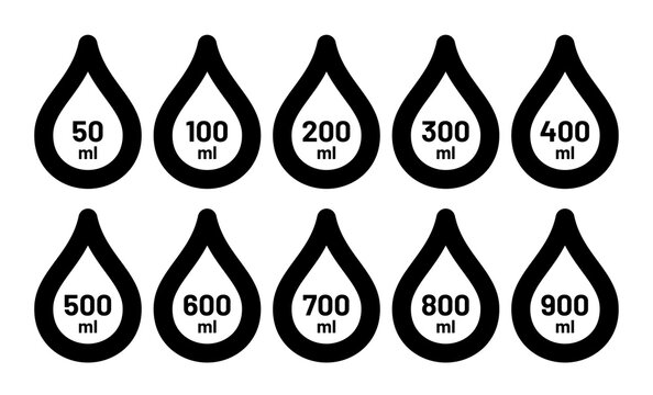 Water capacity symbols set 50 to 900 milliliter. Liquid drop icon collection with fluid volume in milliliters.