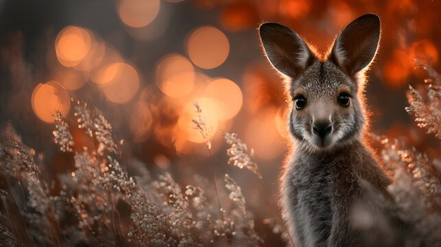 A cute baby kangaroo joey stands amongst tall grass with warm sunset light creating a bokeh effect in the background in the Australian outback.