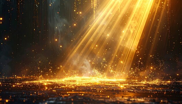 A dark room illuminated by golden light beams and sparkling particles