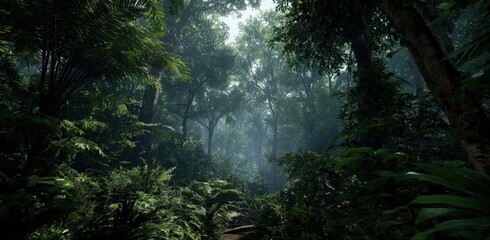 Fototapeta premium Misty tropical rainforest canopy with lush green foliage and diffused sunlight filtering through trees