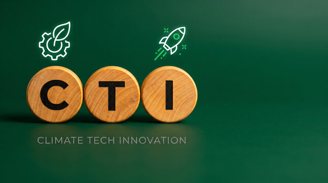 Three natural wood discs spelling CTI with a climate gear-leaf and innovation rocket icon above on a deep emerald background for climate tech investment.