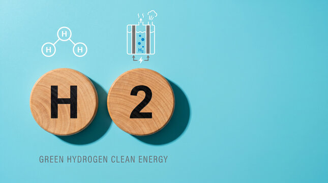 Wood discs spelling H2 with a hydrogen molecule and electrolyzer icon above on a clean aqua-blue background for green hydrogen energy.
