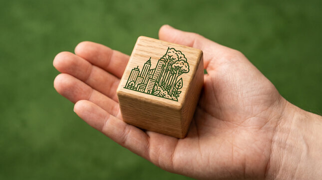 A wooden cube with a cityscape transforming into a forest icon held by hand on a rich moss-green background, symbolizing rewilding and urban nature return.