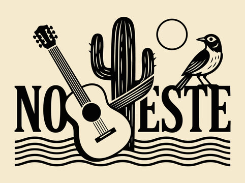 Brazilian Nordeste Woodcut Illustration with Guitar, Cactus, and Bird - Cordel Style Folk Art