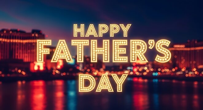 Happy father's day festive neon sign with city lights background