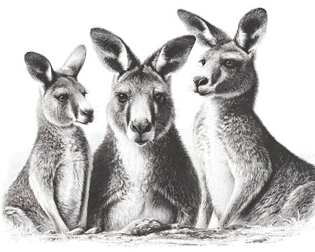 A detailed black and white drawing depicts three kangaroos standing close together looking out from a low vantage point in the wild habitat.