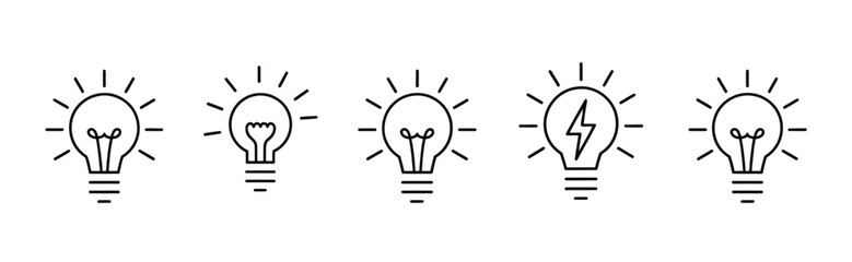 Fototapeta premium Light bulb icon set, idea inspiration concept, creative thinking innovation symbol, solution and insight pictograms, business brainstorming startup visuals