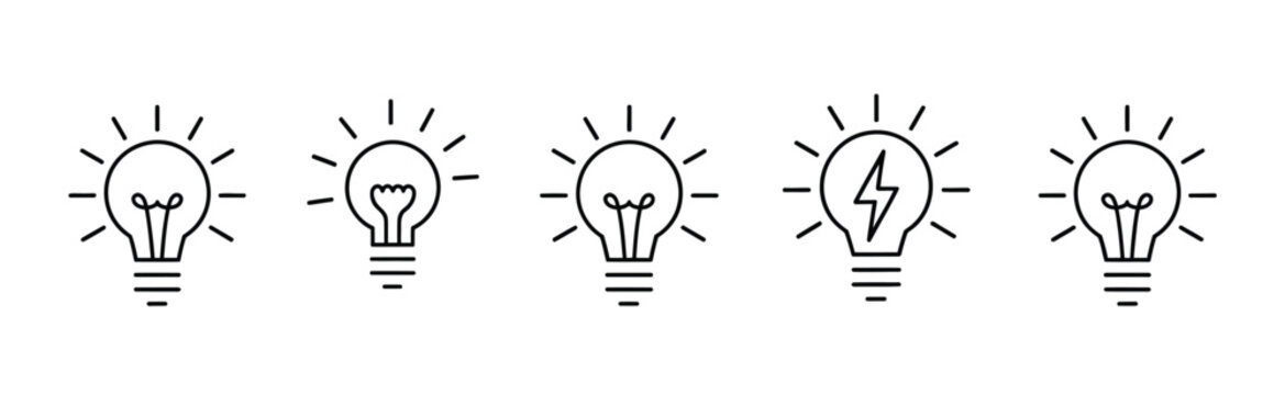 Light bulb icon set, idea inspiration concept, creative thinking innovation symbol, solution and insight pictograms, business brainstorming startup visuals
