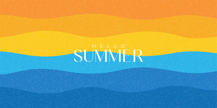 Trendy minimal summer banner. Vector cover design with sea landscape at sunset. Abstract summer card for vacation and travel design. Blue waves of sea and golden sunset. Branding, ads, poster template