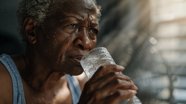 Senior man drinking water from plastic cup outdoors in natural light. Health hydration, wellness, aging population care, senior lifestyle, and healthy aging concept.