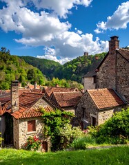 Fototapeta premium A serene village nestled in a lush green valley under a blue sky