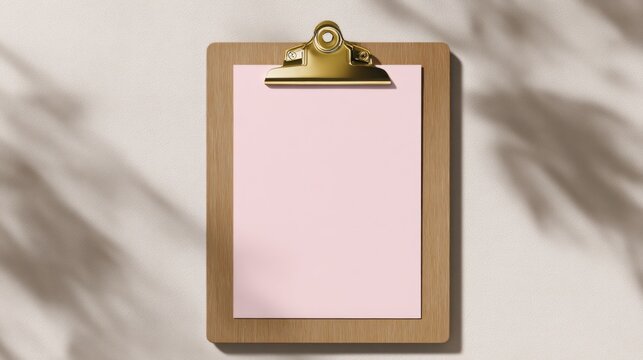 A clipboard sits on a light surface with pink paper clipped at the top. Shadows from nearby objects fall on the background, creating an interesting design