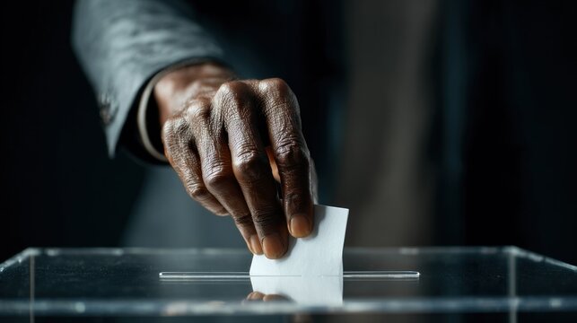 A hand is casting a vote by inserting a ballot into a transparent box. The setting has low light, focusing on the voting action. This scene captures an important moment in a democratic process
