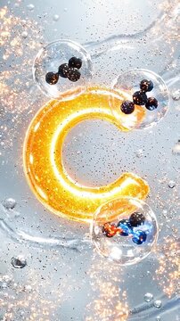 Vitamin c neutralizing molecule glowing particles energy protection science chemistry concept with transparent bubbles floating bright liquid sphere health supplement antioxidant effect