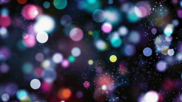 Dreamy multi-colored glowing spheres and glitter dust particles floating through dark space with a soft blur effect.