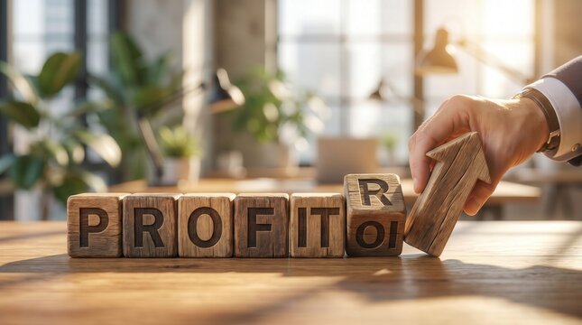 Profit and ROI growth concept with businessman hand placing upward arrow. Financial success, investment return and business strategy for corporate performance.