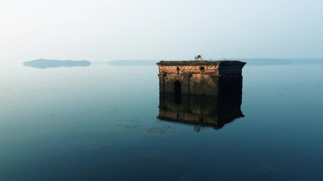 There is a very beautiful broken house underwater, Drone Shot in Mukutmanipur Dam