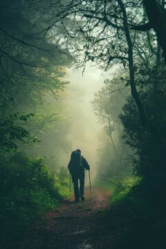 A person with a backpack walks slowly on a dirt path in a forest. Fog surrounds the trees and the ground. Sunlight filters through the branches as the hiker moves forward