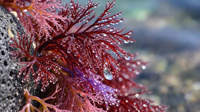 A macro shot of vibrant red algae on a rock with seawater droplets, showcasing marine biodiversity and its potential in sustainable agriculture as eco-fertilizers.