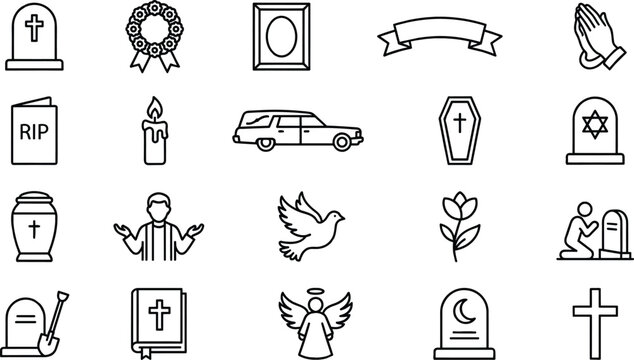 Funeral and Memorial Icons Set Featuring Grief, Mourning, Tribute, Religion, and Ceremony Symbols for Memorial Websites and Funeral Services