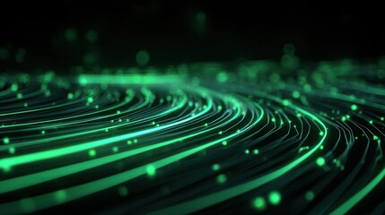 Fototapeta premium Abstract swirling green light trails and glowing particles on a dark background, representing data, technology, and energy flow