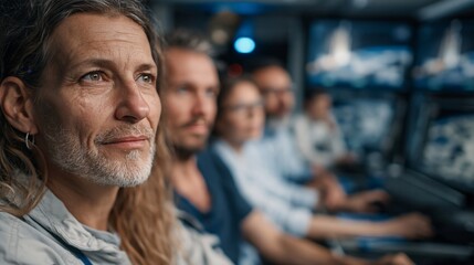 Obraz premium Mature man with long hair listening intently in corporate meeting with colleagues. Business teamwork, professional collaboration, employee engagement, workplace diversity.