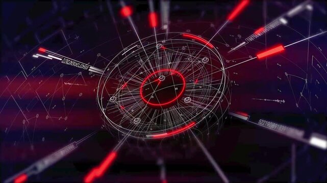 Digital technology background featuring a 3D scientific dashboard with glowing network connectivity and data processing elements.