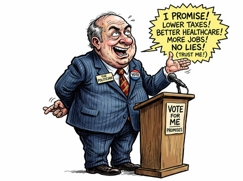 Political cartoon of a lying candidate making false promises during an election campaign.